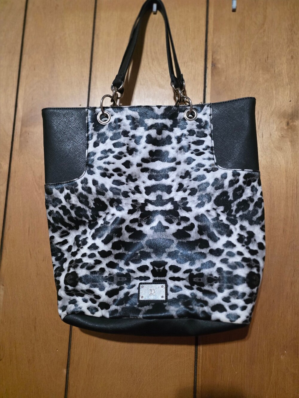 New York & Co. Black & White Leopard Print Tote Bag with Black Trim